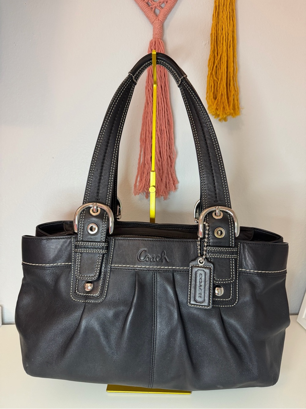 Coach Black Leather Shoulder Tote with Silver Accents